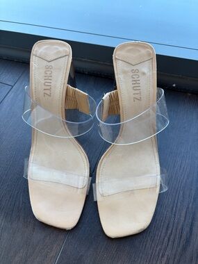 SCHUTZ Nude Clear-Strap Block Heel Sandals